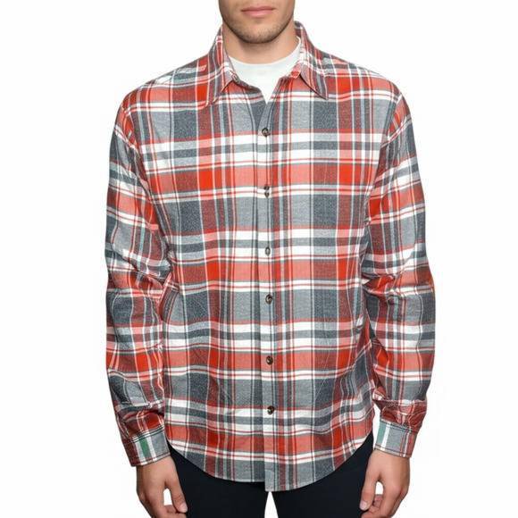 SRK Orange Grey White Plaid Long Sleeve Button Up Warm Flannel Shirt Mens XL - Picture 1 of 9